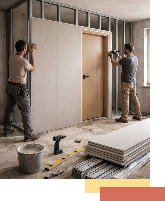 Перегородка из гипсокартона с дверью под ключ в Туле