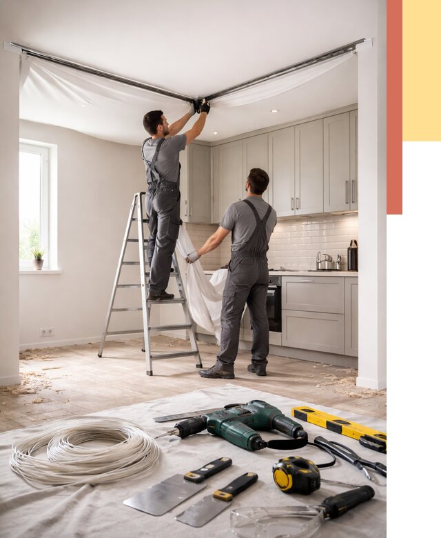 Установка натяжного потолка на кухне в Туле от 2441 руб. | ОТДЕЛОЧНИК-Тул