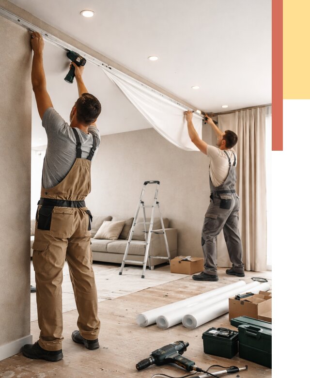 Монтаж натяжного потолка в гостиной в Туле от 559 руб. | ОТДЕЛОЧНИК-Тул