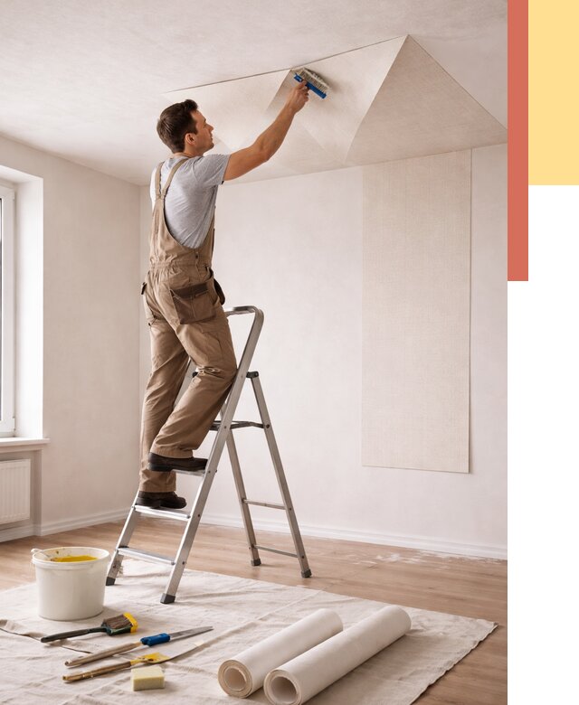 Поклейка обоев на потолок в Туле от 4576 руб. быстро и недорого | ОТДЕЛОЧНИК-Тул